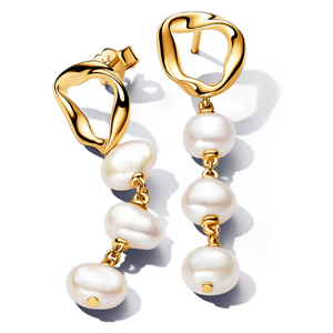 Gold Organically Shaped Circle and Baroque Pearl Drop Earrings