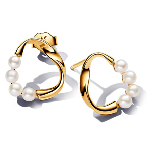 Gold Organically Shaped Circle and Pearl Stud Earrings