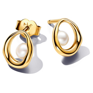 Gold Organically Shaped Oval and Pearl Stud Earrings