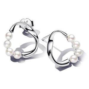 Silver Organically Shaped Circle and Pearl Stud Earrings