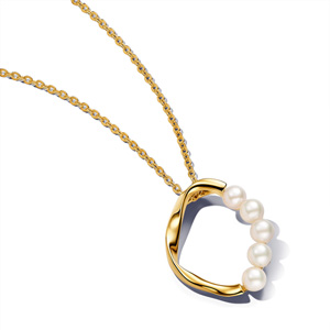 Gold Organically Shaped Circle and Pearls Necklace