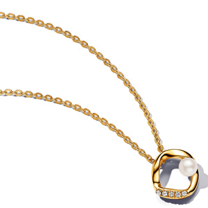 Gold Organically Shaped Pave Circle and Pearl Necklace